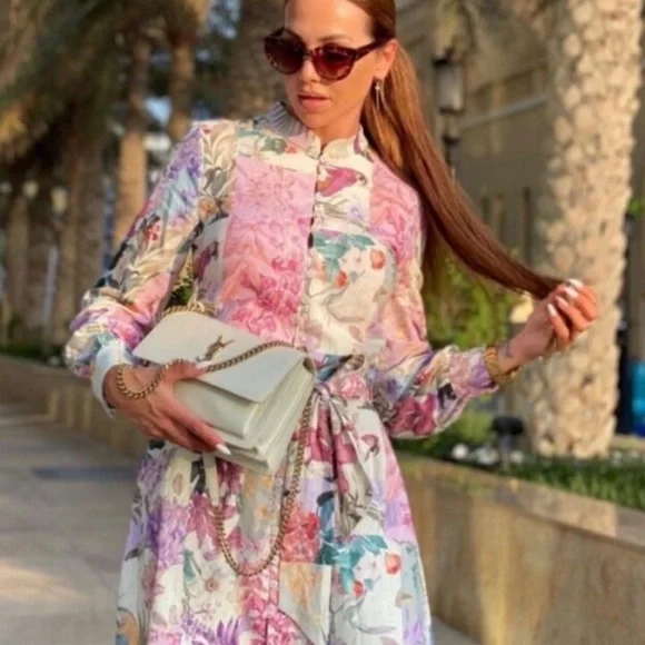 Zara Floral Parrot Button Up Belted Mini Linen Dress XS blogger fav - Picture 6 of 12